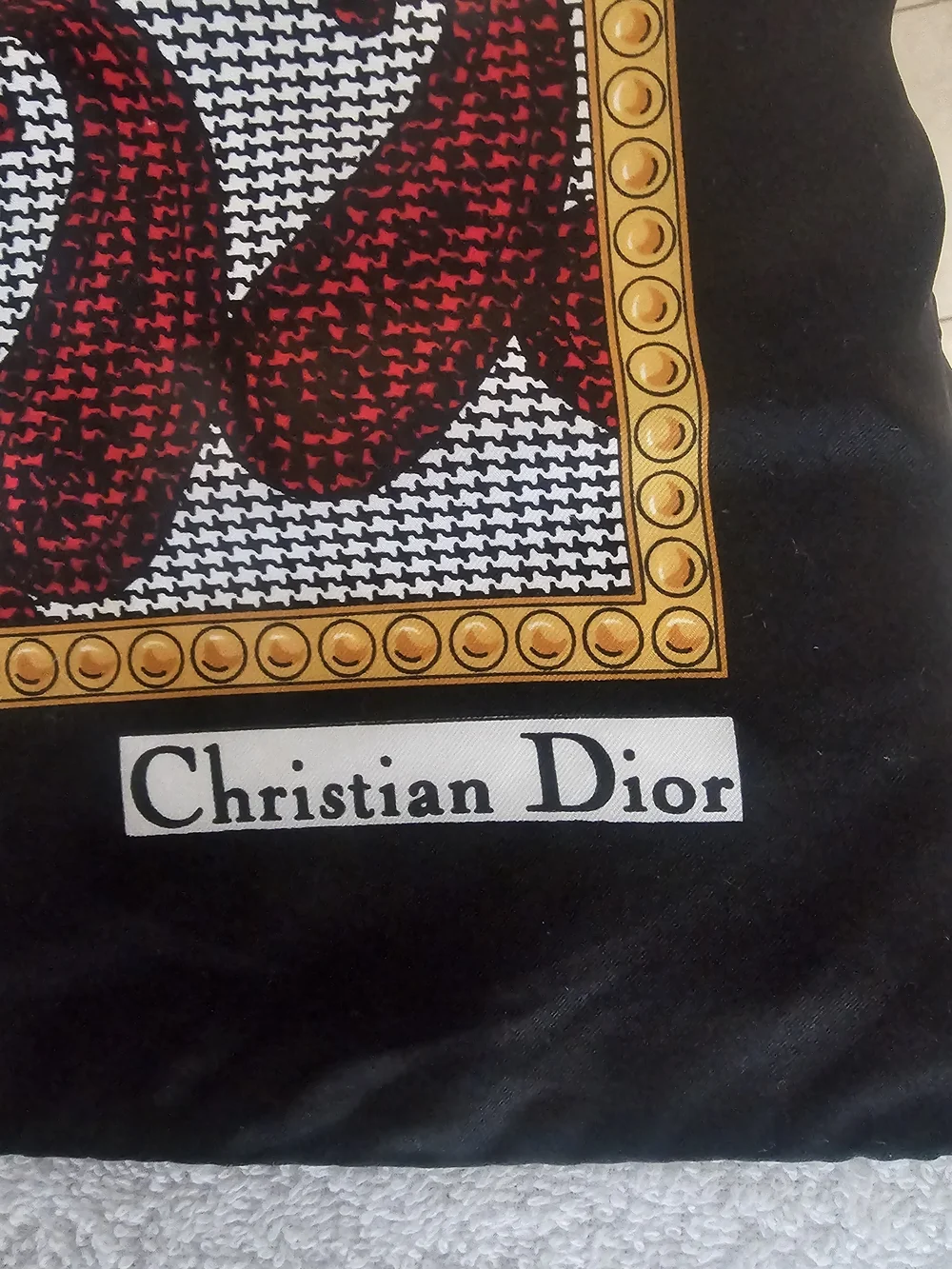 VTG 1980s Christian Dior Scarf 34x34 Houndstooth Chain Red Black White